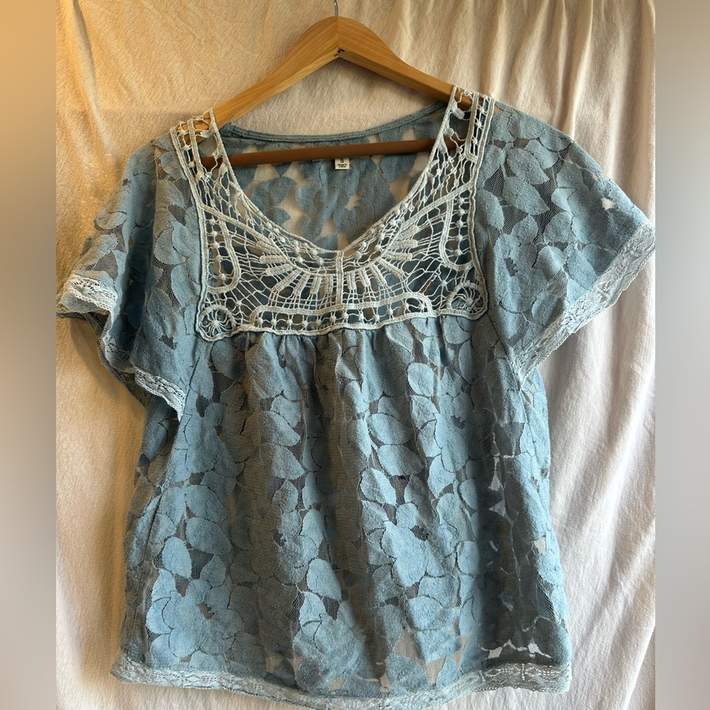 UB Los Angeles Blue Sheer Lace Top with Crochet Detail – Size Small